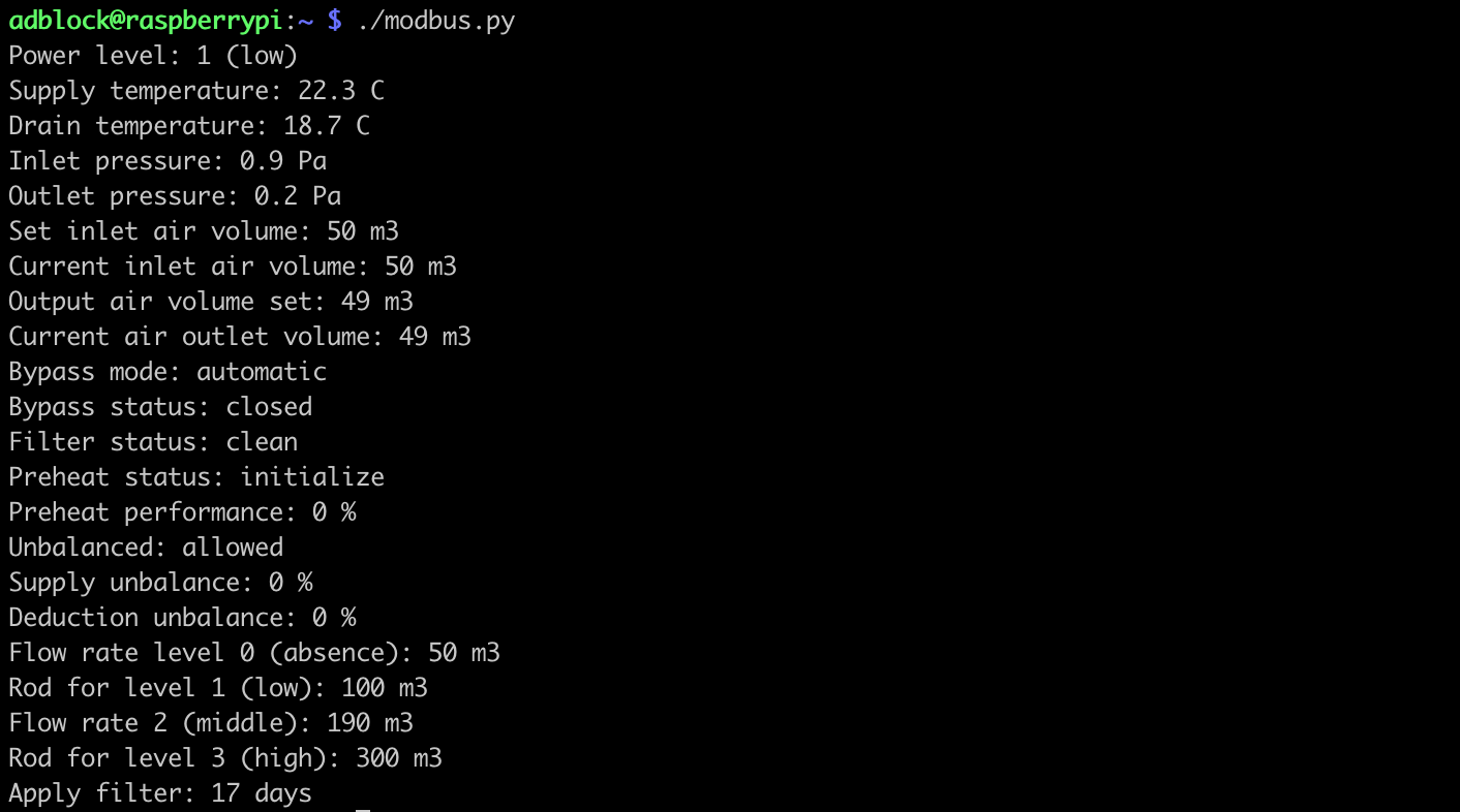 Output from modbus.py