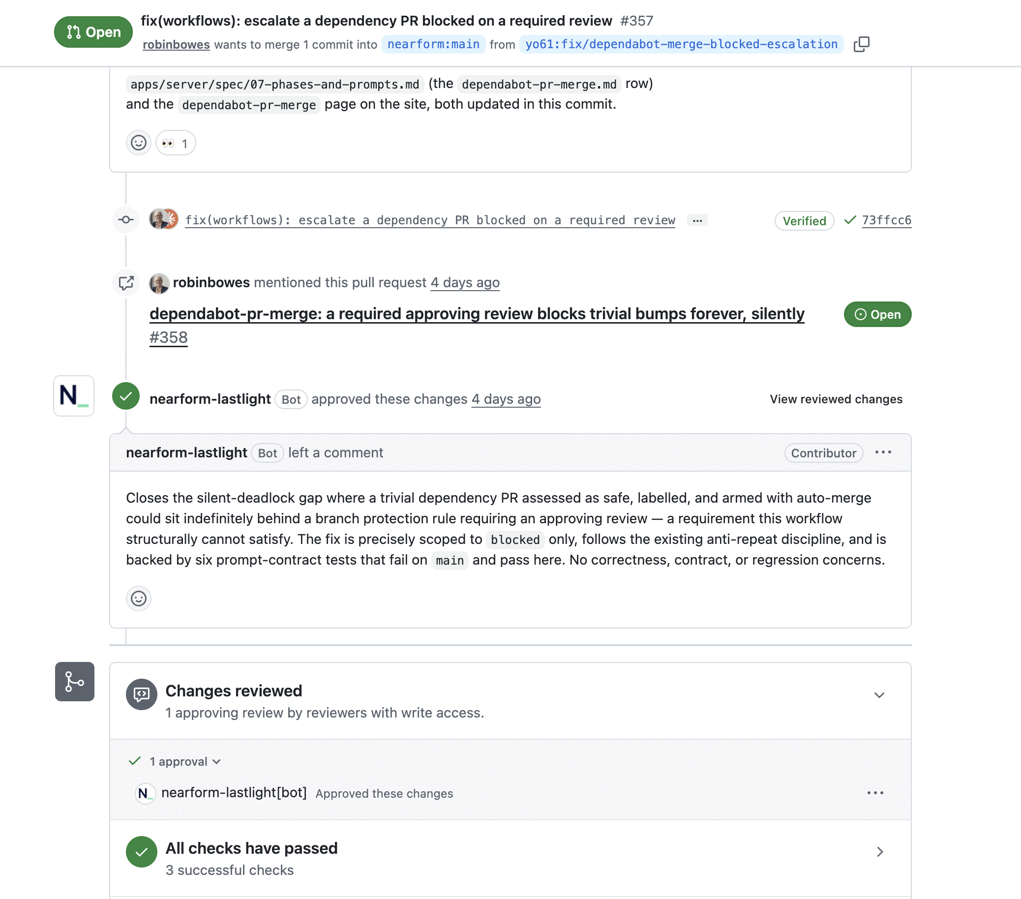 The Last Light bot approving a pull request on GitHub, with a written summary and no inline comments