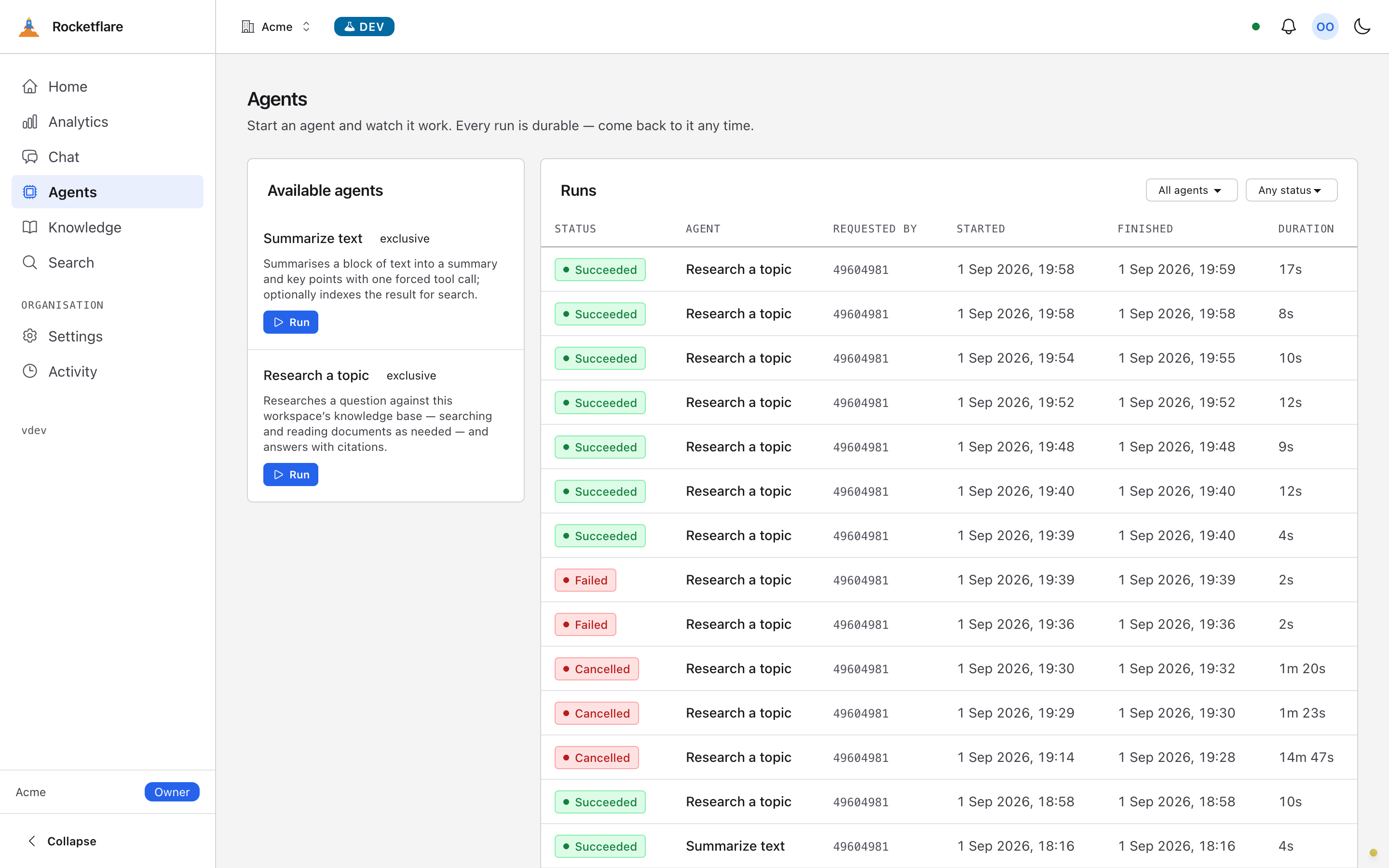 Agents running on Cloudflare Workflows, with a durable run history